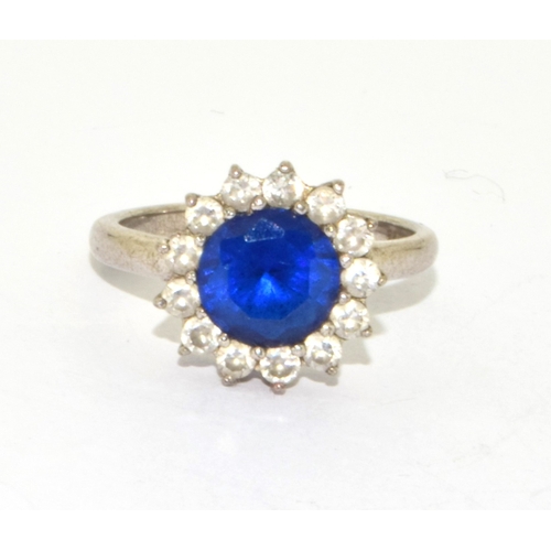 122 - 925 silver Sapphire halo cluster ring size N