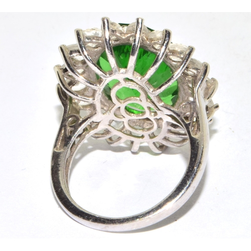 182 - Large design emerald green halo 925 silver statement ring size O