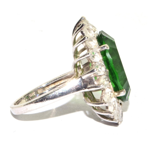 182 - Large design emerald green halo 925 silver statement ring size O