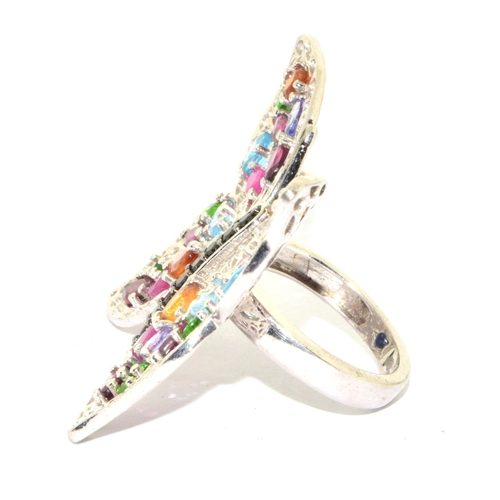 312 - Exotic 925 silver butterfly design ring with multi gem tone colouring wing span 4.5x4cm size O