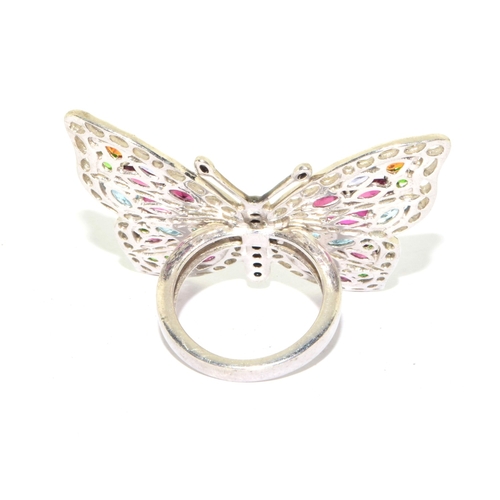 312 - Exotic 925 silver butterfly design ring with multi gem tone colouring wing span 4.5x4cm size O