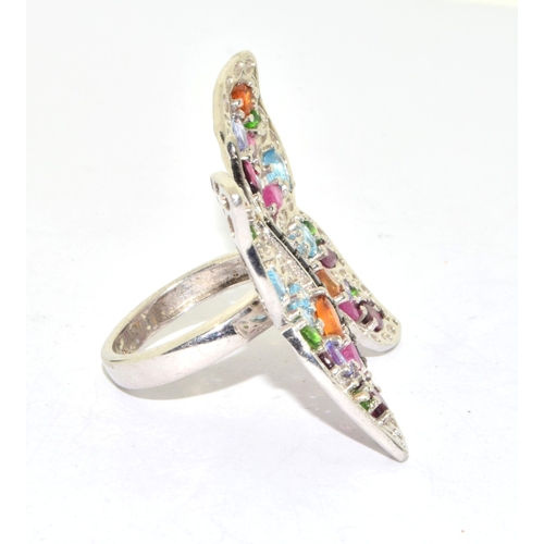 312 - Exotic 925 silver butterfly design ring with multi gem tone colouring wing span 4.5x4cm size O