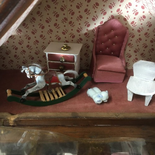 367 - Folk Art Style Dolls House and all associated Furniture and Miniatures.H 63cm x W 42cm x D 18cm... 