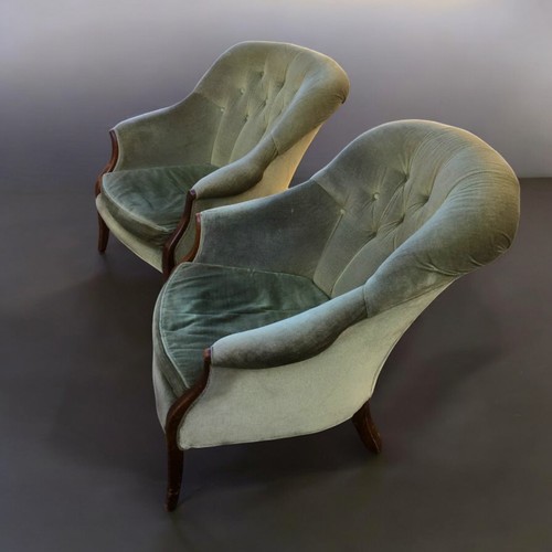 372 - Pair of Green Upholstered Button Back Low Armchairs.H 79cm x W 68cm x D 58cm