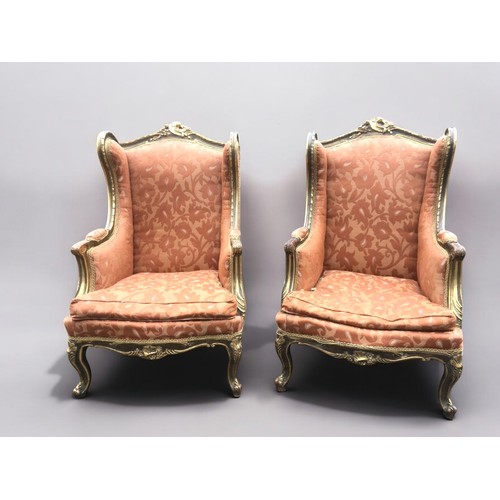 364 - Impressive Pair of Louis XV Style Gilt Wood Wingback Arm Chairs.H 122cm x W 69cm x D 64cm