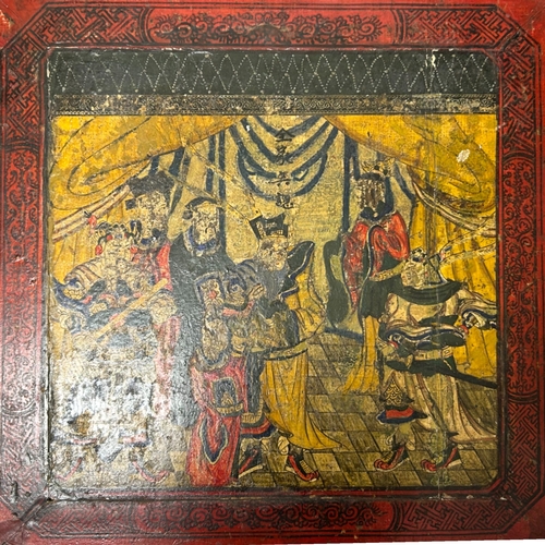58 - A Chinese lacquered Tea table.Early 20th century.Decorated with Polychrome 'Court' scene.26 x 68 x 6... 