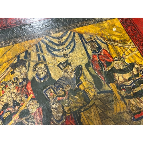 58 - A Chinese lacquered Tea table.Early 20th century.Decorated with Polychrome 'Court' scene.26 x 68 x 6... 
