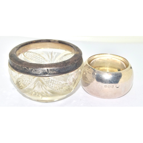 232 - Small silver rim Chrystal glass dressing table pot together a silver nap kin ring and a quantity of ... 