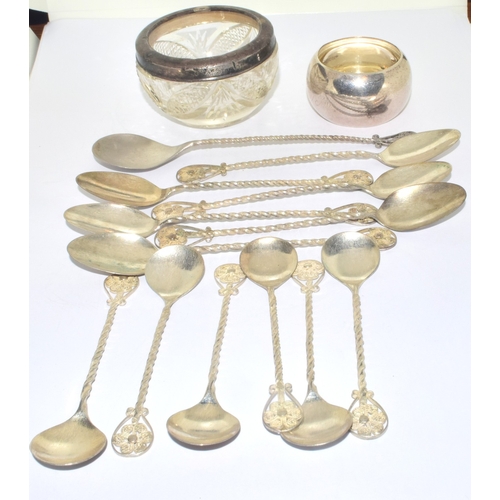 232 - Small silver rim Chrystal glass dressing table pot together a silver nap kin ring and a quantity of ... 