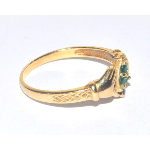 281 - 9ct gold Emerald and Diamond Irish Claddah ring very collectable size T