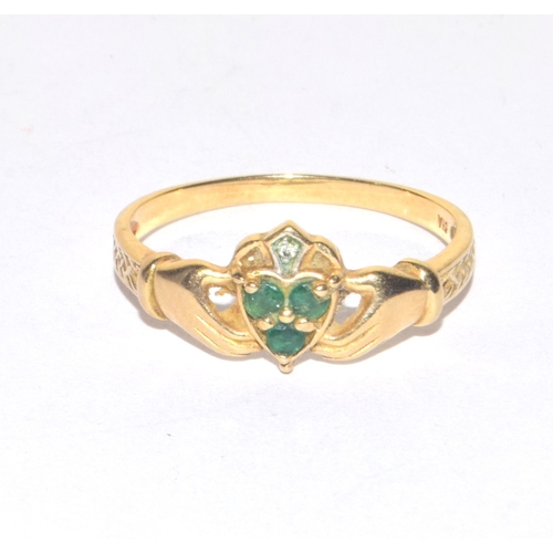 281 - 9ct gold Emerald and Diamond Irish Claddah ring very collectable size T