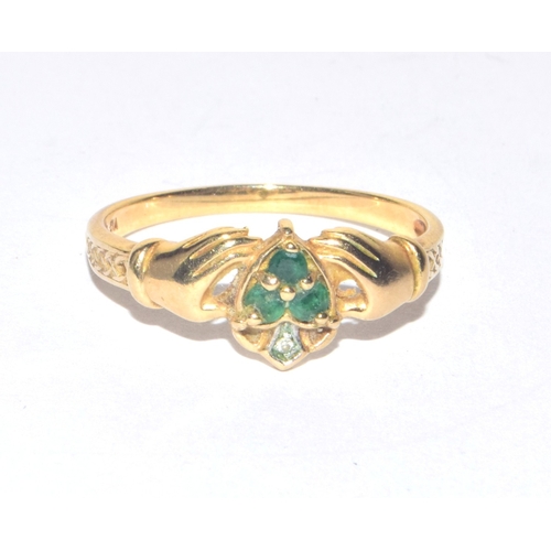 281 - 9ct gold Emerald and Diamond Irish Claddah ring very collectable size T