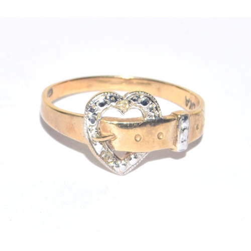 221 - 9ct gold ladies vintage Diamond Heart shape buckle ring size L