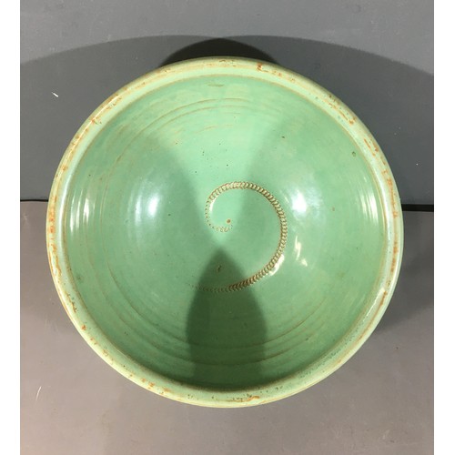 105 - Sooz Glazebrook (American) Swirl Pattern Green and Blue Bowl 35cm Dia and a Nic Harrison Celadon Gla... 