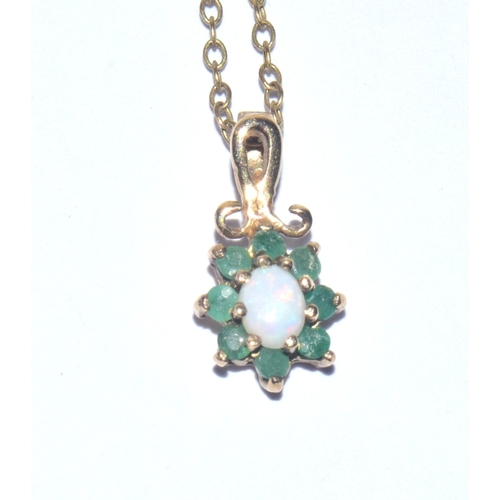 170 - 9ct gold Emerald and Opal cluster pendant necklace set on a 9ct gold chain 44cm long