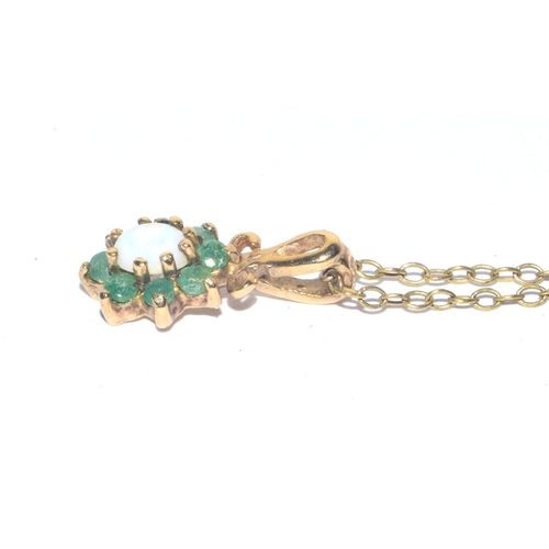 170 - 9ct gold Emerald and Opal cluster pendant necklace set on a 9ct gold chain 44cm long