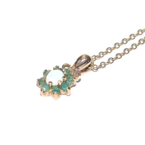 170 - 9ct gold Emerald and Opal cluster pendant necklace set on a 9ct gold chain 44cm long