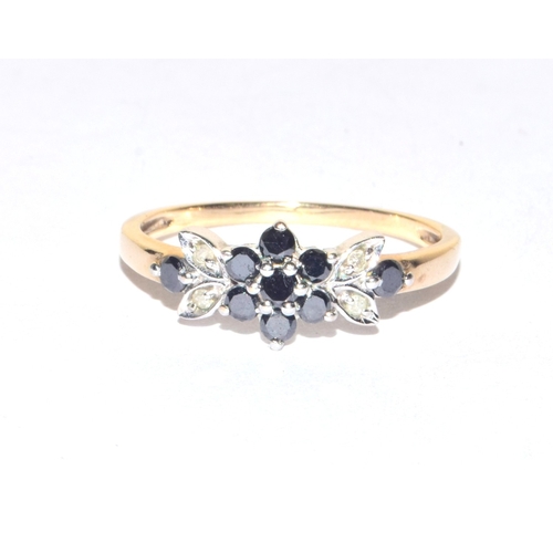 316 - 9ct gold ladies Diamond and blue gemstone floral cluster ring size P