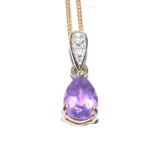 160 - 9ct gold pear cut Amethyst and Diamond pendant necklace on a 44cm 9ct gold chain