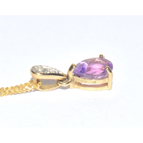 160 - 9ct gold pear cut Amethyst and Diamond pendant necklace on a 44cm 9ct gold chain