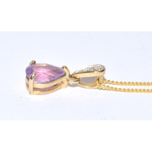 160 - 9ct gold pear cut Amethyst and Diamond pendant necklace on a 44cm 9ct gold chain