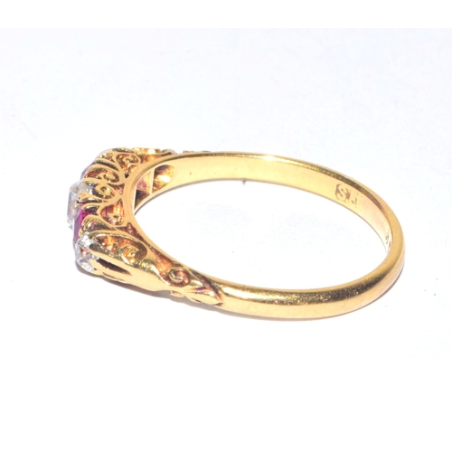 150 - 18ct gold antique Diamond and Ruby 5 stone ring in a scroll setting diamond value approx 25 points s... 