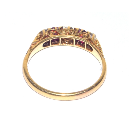 150 - 18ct gold antique Diamond and Ruby 5 stone ring in a scroll setting diamond value approx 25 points s... 