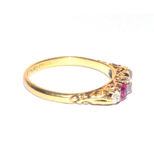 150 - 18ct gold antique Diamond and Ruby 5 stone ring in a scroll setting diamond value approx 25 points s... 