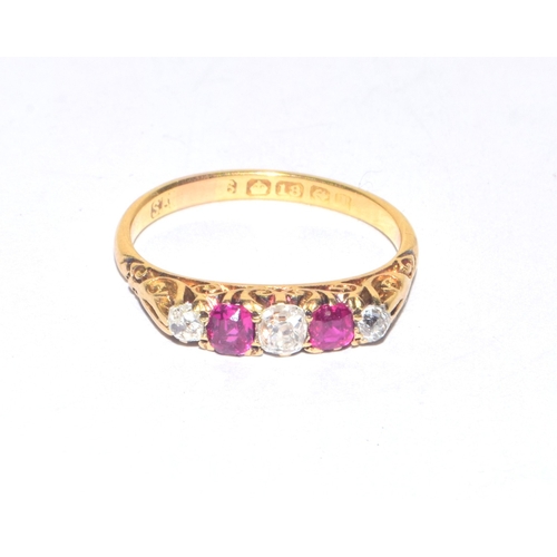 150 - 18ct gold antique Diamond and Ruby 5 stone ring in a scroll setting diamond value approx 25 points s... 