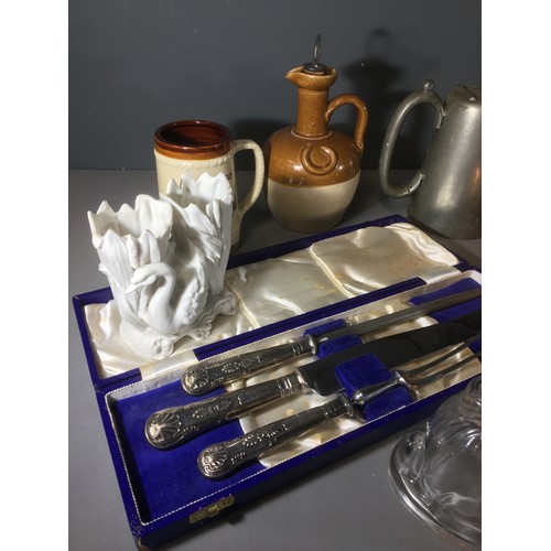 385 - Mixed House Clearance Lot to include Glass Ware Rabbit Mould, Silver Plate Carving set, Stoneware, G... 