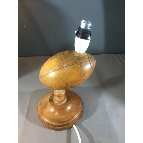 355 - Vintage Carved Wood Rugby Ball Lamp, Large White Lamp, and a Large White Earthen Ware Designer Vase ... 