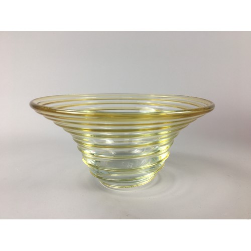 85 - Three Pieces of Mid Century Art Glass - White Friars style Ribbon Bowl, Unusual Green Ruffle edge Bo... 