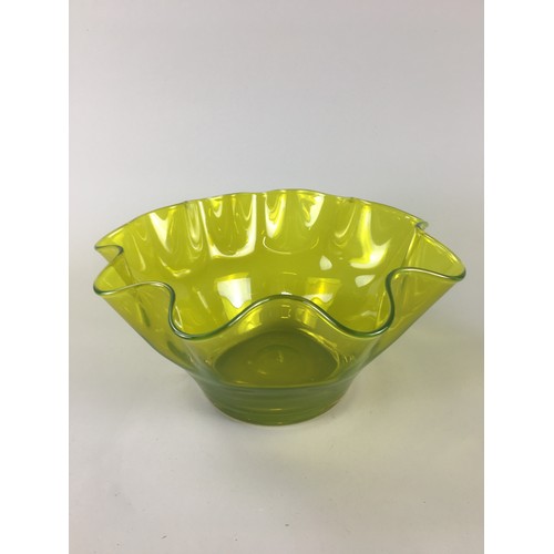 85 - Three Pieces of Mid Century Art Glass - White Friars style Ribbon Bowl, Unusual Green Ruffle edge Bo... 