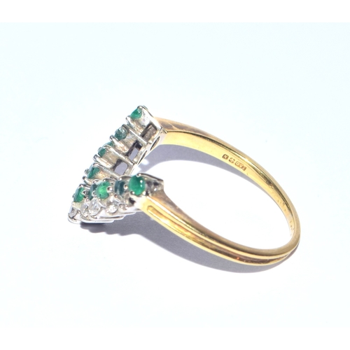 234 - Vintage 18ct gold Emerald and Diamond wishbone ring size R 3.7grams note (1 diamond missing)