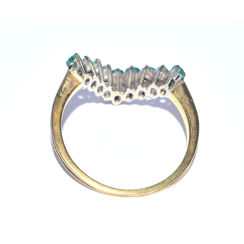 234 - Vintage 18ct gold Emerald and Diamond wishbone ring size R 3.7grams note (1 diamond missing)