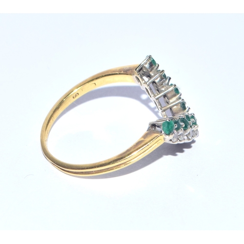 234 - Vintage 18ct gold Emerald and Diamond wishbone ring size R 3.7grams note (1 diamond missing)