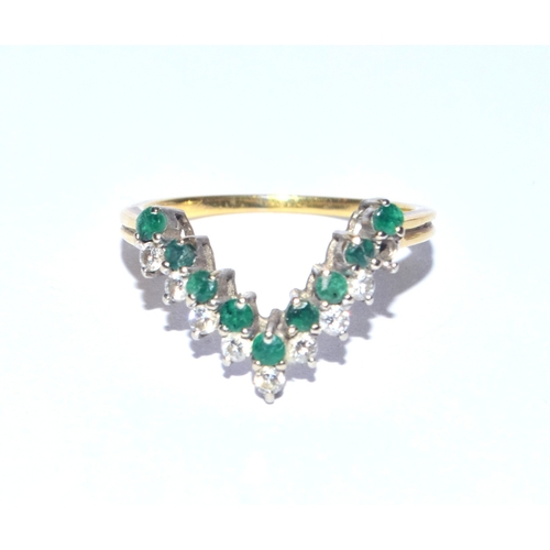 234 - Vintage 18ct gold Emerald and Diamond wishbone ring size R 3.7grams note (1 diamond missing)