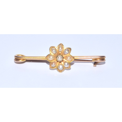 24 - Antique Victorian natural seed Pearl and tested as 9ct gold solid bar brooch 2.4 grams 