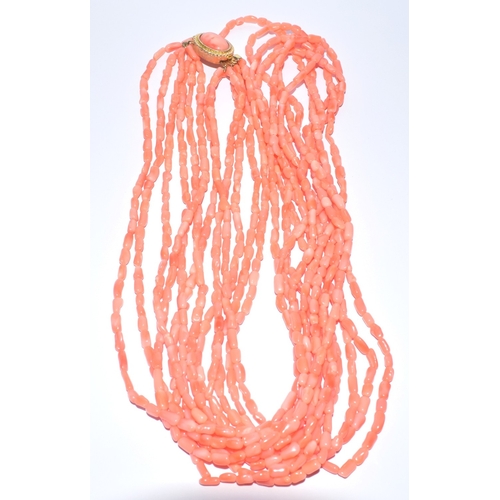 284 - Vintage Angel skin coral long 6 strand necklace with gold Vermeil in sterling silver coral set clasp... 