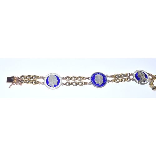 34 - Antique enamelled silver six pence and tests as a minimum 9ct solid gold bracelet 19cm long 22 grams... 