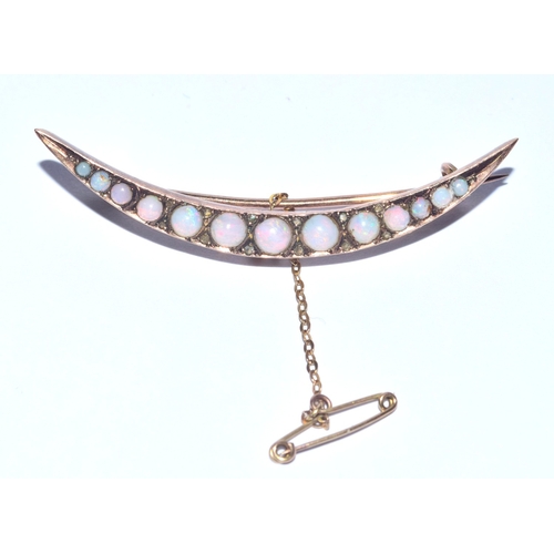 4 - Antique Edwardian natural Opal and Rose cut diamond 9ct gold crescent brooch boxed with safety chain... 