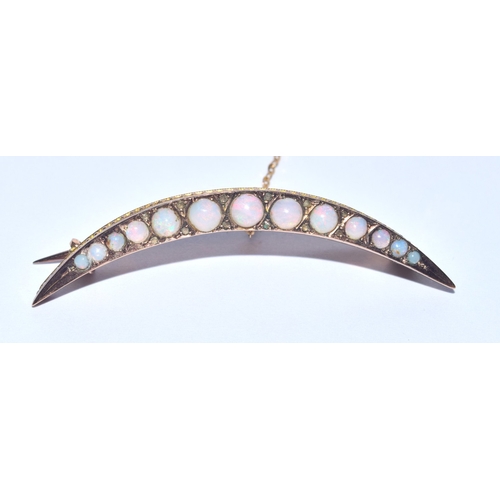 4 - Antique Edwardian natural Opal and Rose cut diamond 9ct gold crescent brooch boxed with safety chain... 