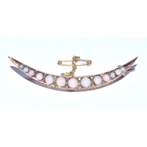 4 - Antique Edwardian natural Opal and Rose cut diamond 9ct gold crescent brooch boxed with safety chain... 