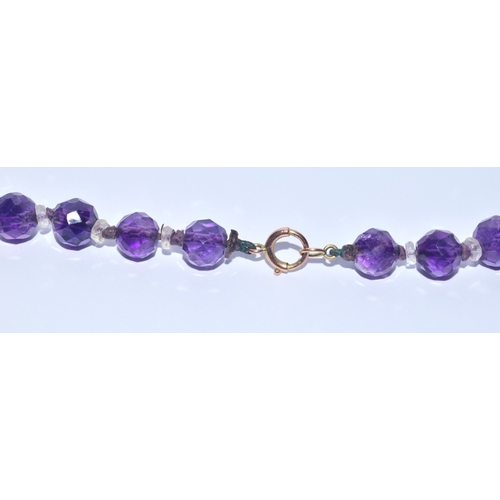 54 - Antique Art Deco natural Amethyst and Rock crystal beads with original 9ct gold clasp. 45cm long , A... 