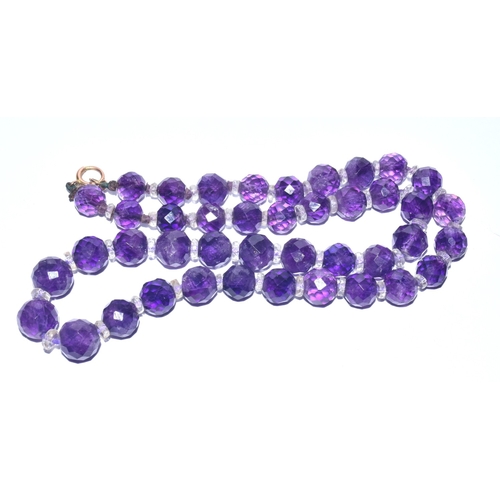 54 - Antique Art Deco natural Amethyst and Rock crystal beads with original 9ct gold clasp. 45cm long , A... 