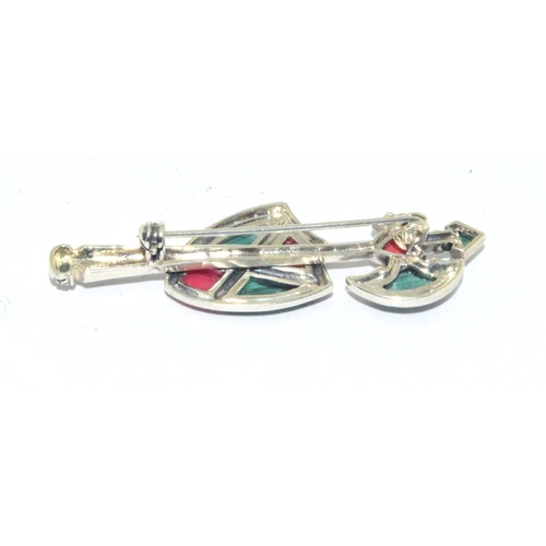 199 - Silver and Malachite and red Jasper brooch 