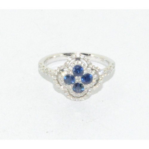 209 - 18ct white gold Sapphire and Diamond clover leaf design dress ring size L