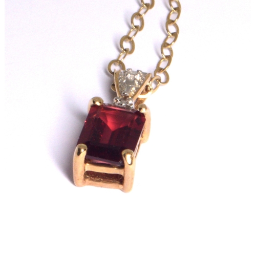 218 - 9ct gold garnet and Diamond pendant necklace on a 9ct gold chain of 40cm