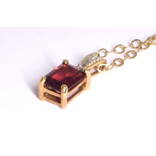 218 - 9ct gold garnet and Diamond pendant necklace on a 9ct gold chain of 40cm