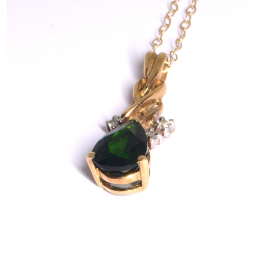 258 - 9ct gold Diamond and pear cut Diopside pendant necklace on a 9ct gold chain of 38cm